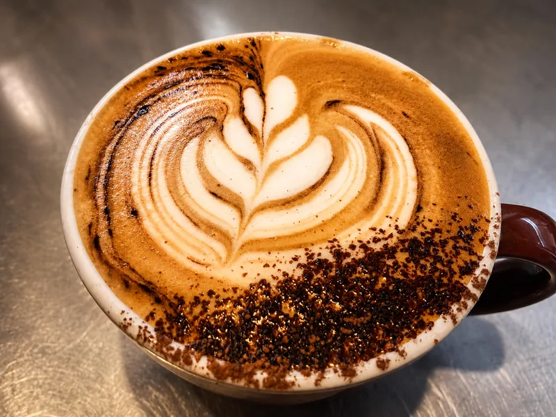 Fresh coffee with latte art and a chocolate-speckled crema